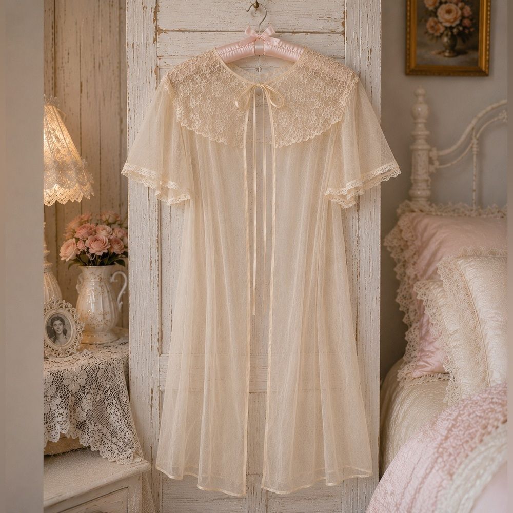 Vintage Sheer Lace Overlay Bed Jacket Robe Sz L